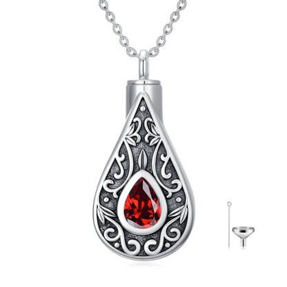 Teardrop Urn Necklace for Ashes Filigree Birthstone Keepsake Pendant Cremation Jewelry for Ashes Memorial Jewelry Gifts for Loss of a Loved One for Women - style: Jan-Garnet