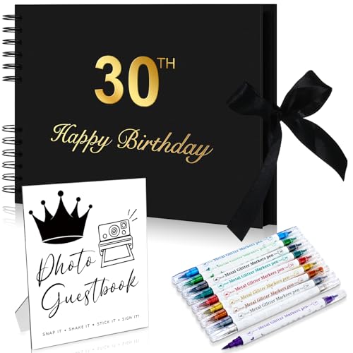 AmazingSpark Birthday Guest Book Set Memory Photo Guest Book Black Gold Decoration Birthday Gift for Men Women Wood Signature Photoprop Party Supply Sign Picture Album for Party Event(30th) - size: 30th