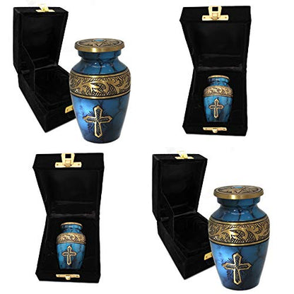 Blue Cross Keepsake Urns for Human Ashes with Velvet Gift Box for Cremation Keepsakes for Ashes - Small Cremation Urn and Small Keepsake Urn Set of 4 - color: Blue Cross