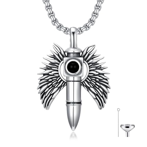 SIMONLY Bullet Urn Necklaces for Ashes 925 Sterling Silver Animal/Angel Wings/Pet/Jesus Necklace Bullet Pendant Cremation Jewelry for Men - color: Angel Wings