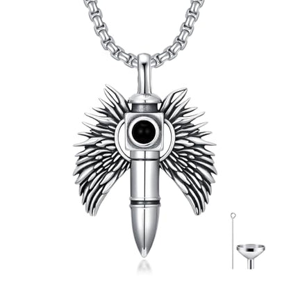 SIMONLY Bullet Urn Necklaces for Ashes 925 Sterling Silver Animal/Angel Wings/Pet/Jesus Necklace Bullet Pendant Cremation Jewelry for Men - color: Angel Wings