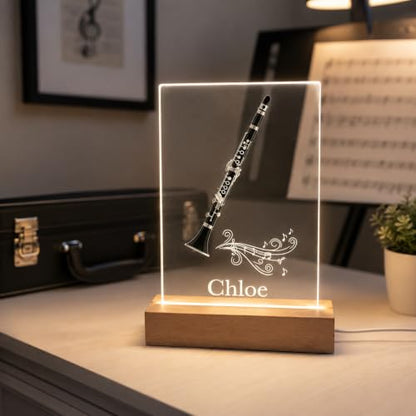MIRROR MANIA Personalized Clarinet Night Light, Custom Name Music Lamp for Clarinet Players & Music Lovers, Clear Acrylic with Wood Base, Soft White LED, USB Powered, Handmade in USA