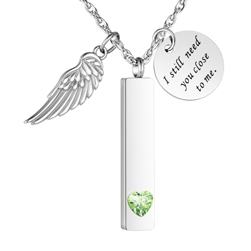 XIUDA Cremation Jewelry for Ashes with Angel Wing Charm Vertical Bar Urn Necklace Stainless Steel Memorial Keepsake Pendant for Women - color: Light Green