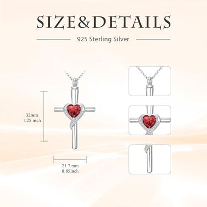TOUPOP Cross Urn Necklaces for Ashes Birthstone Cremation Jewelry 925 Sterling Silver Cross Memorial Keepsake Funeral Jewelry for Women (with Funnel Filler) - color: 01-January-Garnet
