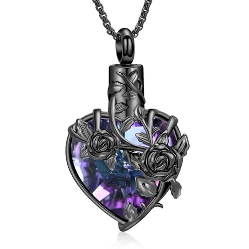Rose Flower Cremation Urn Necklace for Ashes Heart Crystal Memorial Jewelry for Women Urn Keepsake Pendant Human Pet Memorial Locket Holder - color: Black (Purple Stone)