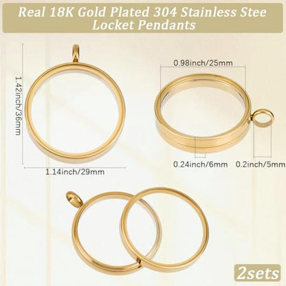 Beebeecraft 1 Box 2Pcs Floating Locket Charms with Glass Round Clear Photo Frame for Memory Picture Pendant Necklace Making - color: Gold