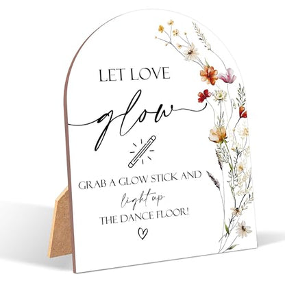 Wildflower Let Love Glow Sign, Wedding Ceremony Signs, 6 x 8 Inch Arch Wooden Tabletop Sign with Stand, Wedding Reception Decoration Supplies (AG09) - color: Let Love Glow