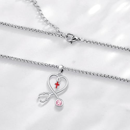 Angel Wings Necklace 925 Sterling Silver Guardian Angel Nurse RN Caduceus Pendant Charm Crystal Angel Jewelry Gifts for Women - style: H-Stethoscope-10-Oct.-Tourmaline Pink