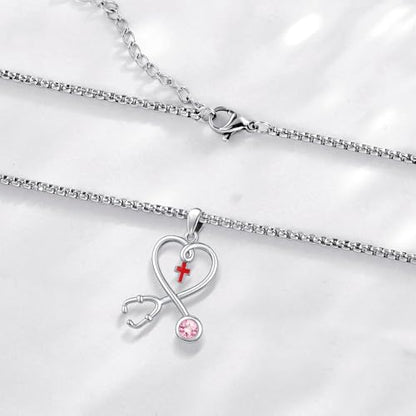 Angel Wings Necklace 925 Sterling Silver Guardian Angel Nurse RN Caduceus Pendant Charm Crystal Angel Jewelry Gifts for Women - style: H-Stethoscope-10-Oct.-Tourmaline Pink