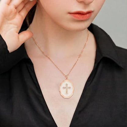 18K Gold Cross Locket Necklace for Women Holds Photo Necklace with Personalized Picture Necklaces Pendant 18 Inch Birthday Mother's Day for Women - color: Rose Gold Cross