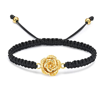 Rose Flower Ashes Bracelet Adjustable Braided Rope Cremation Jewelry | mini urn, stainless steel material, for women, waterproof sealed ring & lobster clasp keep ashes secure, with a filling tool - color: Golden