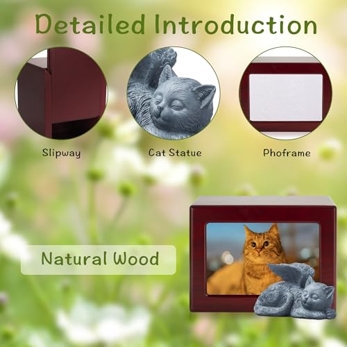 Cat Urn for Ashes, Wooden Keepsake for Ashes with Photo Frame | Cherry Red Cremation Box with Resin Angel Statue and Sealed Storage Bags (60lbs)
