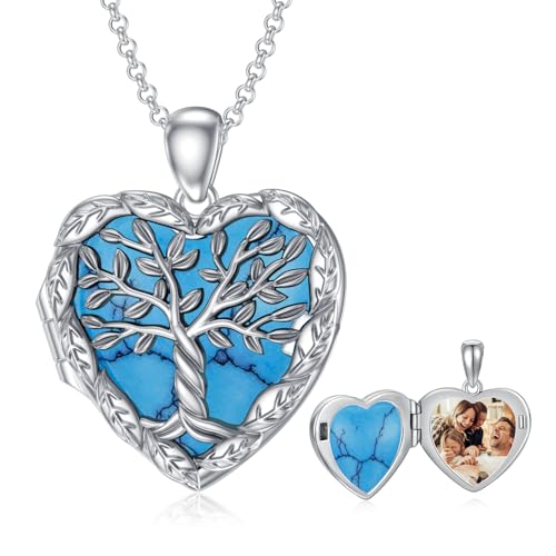 SOULMEET Personalized Tree of Life/Palm Tree Heart Locket Sterling Silver Necklace That Holds 1 or 2 Pictures Memorial Vintage Photo Locket Custom Any Photo Healing Gift - style: E2-Turquoise tree locket+photo