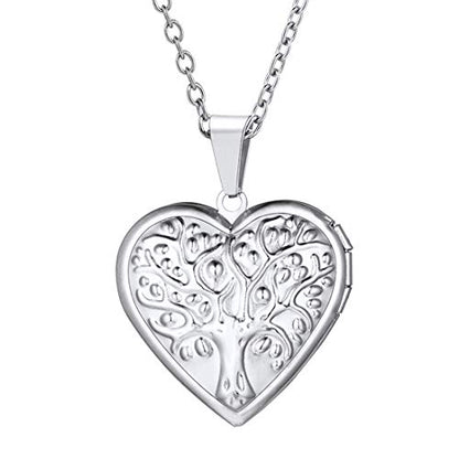 U7 Women Locket Necklace, Heart Photo Lockets Hold Picture, Gift Box Packed | Gold/Silver/Rose Locket Charm, Custom Picture and Engravement Heart Pendant, 20" Chain, Personalized Gift for Mom Wife Friend - color: 04# Stainless(Tree of Life)