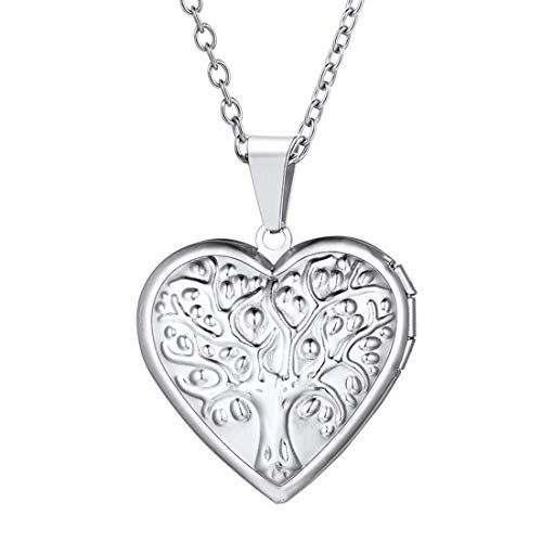U7 Women Locket Necklace, Heart Photo Lockets Hold Picture, Gift Box Packed | Gold/Silver/Rose Locket Charm, Custom Picture and Engravement Heart Pendant, 20" Chain, Personalized Gift for Mom Wife Friend - color: 04# Stainless(Tree of Life)