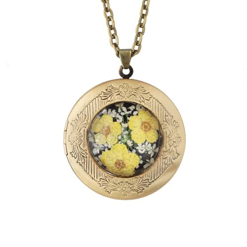 Handmade Oval Shaped Photo Locket with dried Pressed Flowers Locket pendant Necklace - style: Round Yellow Forget Me Not