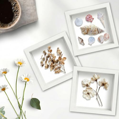 Wazzio 6Pack 5x5 Inch Shadow Box Frame, Wood Display Case Memory Box | 1" Deep Keepsake Frame, Memorabilia Showcase, Photo Ticket Medal Display, Wall Tabletop Picture Frame, Souvenir Gift Box - color: White