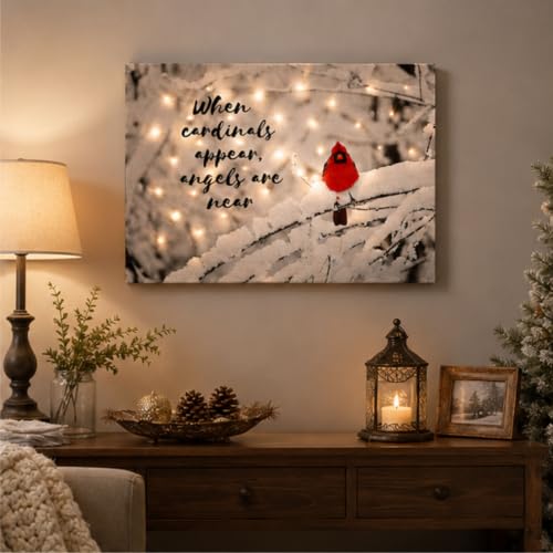 Cardinal Memorial LED Canvas Wall Art Set of 2 – Lighted Winter Snow Scene with “When Cardinals Appear Angels Are Near” – Sympathy Gift for Loss of Loved One – Battery Operated Wall Décor – 16" x 12"