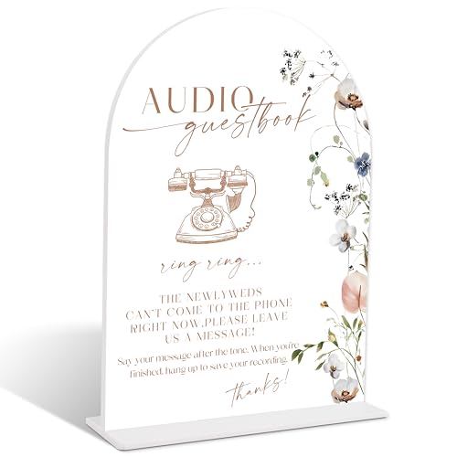 Boho Floral Audio Guestbook Sign, Arch Acrylic Sign with Stand, Wedding Signage for Reception, Bridal Shower Table Decor, Engagement Party Decorations, Wedding Must Haves for Reception, 6x8 Inches, 14 - color: Audio Guestbook Sign, 14