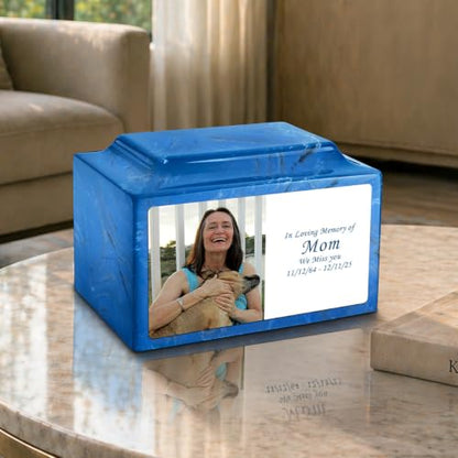 GetUrns Cultured Marble Urn Vault by Mackenzie with Personalized Picture and Text for Human Ashes I Mystic Blue Adult Urns for Male and Female I 210lbs - color: Mystic Blue