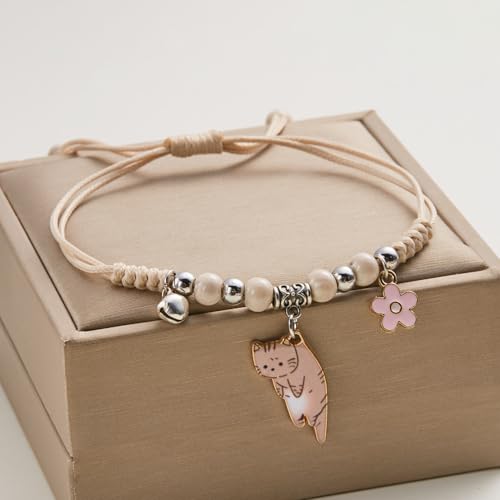POYAMUSE Lovely Cat and Flower Strand Bracelet - Colorful Beads, Adjustable for Women - color: Ginger white