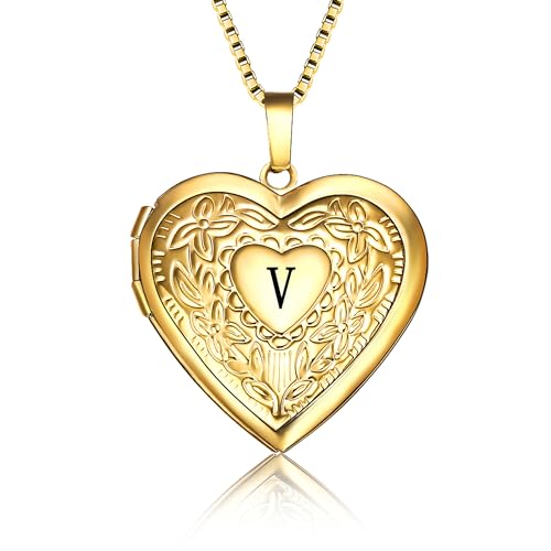 GOKING Love Heart Memory Locket Necklace Holds Pictures for Women - color: Letter V
