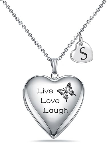 MUERDOU Butterfly Locket Necklace that Holds Pictures Initial Alphabet Letter Heart Shaped Photo Memory Locket Pendant Necklace - style: S