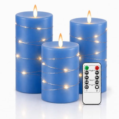 Upinmz Blue Real Wax Flameless Candles, 3-Pack, Remote Timer, String Lights - size: Blue-Wax-3 Pack