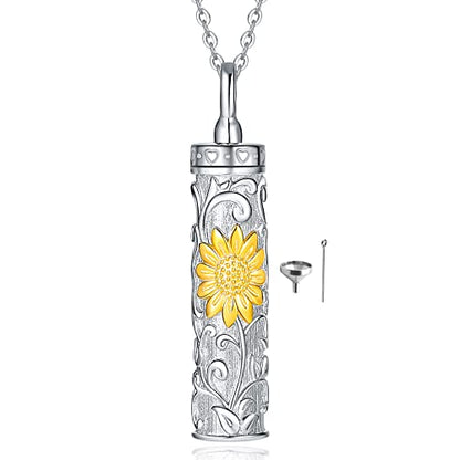 Sterling Silver Flower Tree Life Cremation Urn Necklace for Women - color: Cylin *Sunfl. 1 (GP)