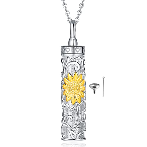 Sterling Silver Flower Tree Life Cremation Urn Necklace for Women - color: Cylin *Sunfl. 1 (GP)