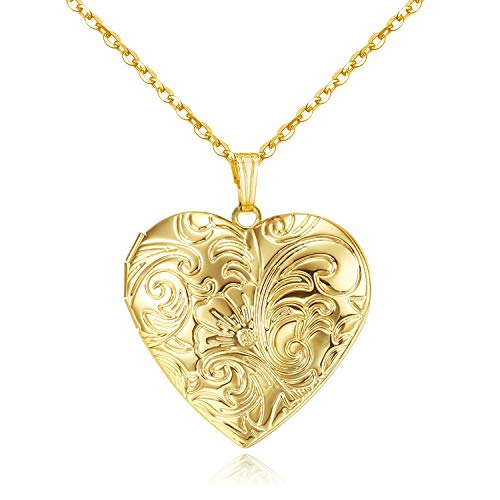 YOUFENG Locket Necklace that Holds Pictures Flower Lockets Pendant Necklaces Birthday Gifts Jewelry - color: GoldHeart