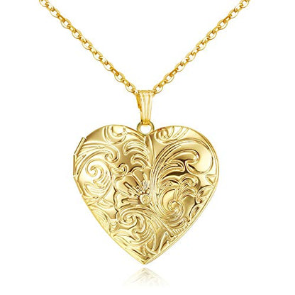 YOUFENG Locket Necklace that Holds Pictures Flower Lockets Pendant Necklaces Birthday Gifts Jewelry - color: GoldHeart