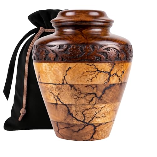 Wooden Cremation Urn for Human Ashes – Handcrafted Floral Design, Large Adult Hold (Up to 200 lbs), Funeral Memorial Urn, Beutiful and Decorative urn for Ashes Fractal Design, Black Resin Inlay, - size: Large ( 200 lbs )