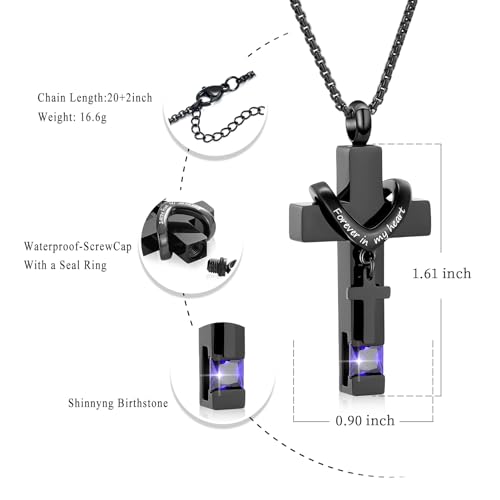 Oinsi Black Cross Urn Necklace For Ashes Of Loved Ones With Birthstone Always In My Heart Cremation Jewelry Keepsake Pendant Women Men - color: Purple Stone