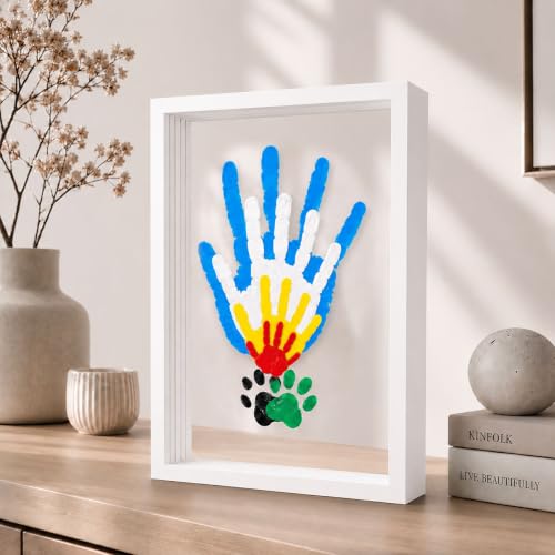 Family Handprint Kit for 4 – Wooden Frame with 4 Acrylic Boards, DIY Keepsake Art for Baby, Pet & Family, Non-Toxic Washable Paint Hand Mold Memory Gift - White - color: White