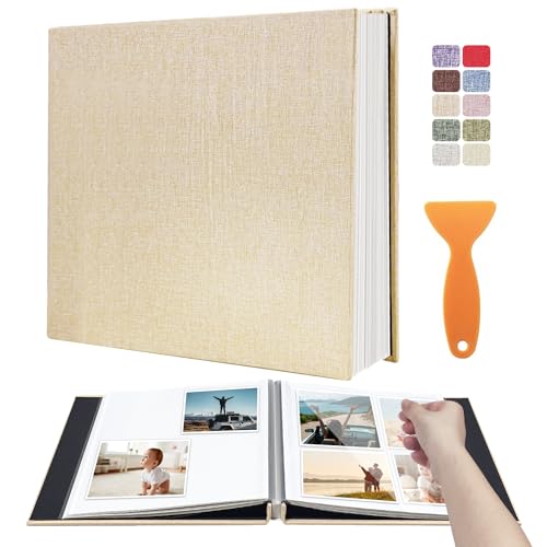 Large Photo Album Self Adhesive Scrapbook Album for 4×6 5×7 8×10 Pictures DIY Magnetic Linen Cover Album 40 Pages for Family Wedding Gifts with Metal Pen and Plastic Board - color: Beige, size: 11"x10.6"40Pages