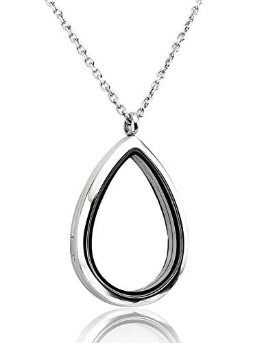 Jovivi Teardrop/Heart Floating Charm Memory Locket Necklace - 316 Surgical Stainless Steel Buckle Closure - color: SILVER
