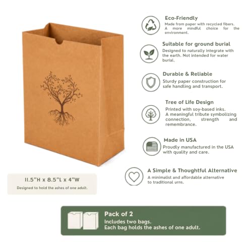 Cremation Ashes Burial Bags for Human Ashes. Pack of 2. Recycled Paper Memorial Bags with Tree of Life Design. Adult Size. Suitable for Ground Burial