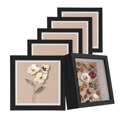 6Pack 5x5 Inch Shadow Box Frame, Black Wood Display Case Memory Box | 1" Deep Keepsake Frame, Memorabilia Showcase, Photo Ticket Medal Display, Wall Tabletop Picture Frame, Souvenir Gift Box - color: Black