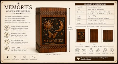 Wooden Keepsake Box Urn for Ashes Memorial Box, Handmade Memory Chest, Celestial Sun Moon Butterfly Engraved Urn[Available urn Box in 5 Different Sizes] ((Full Size 14X7.5 600 Cubic INCHES))
