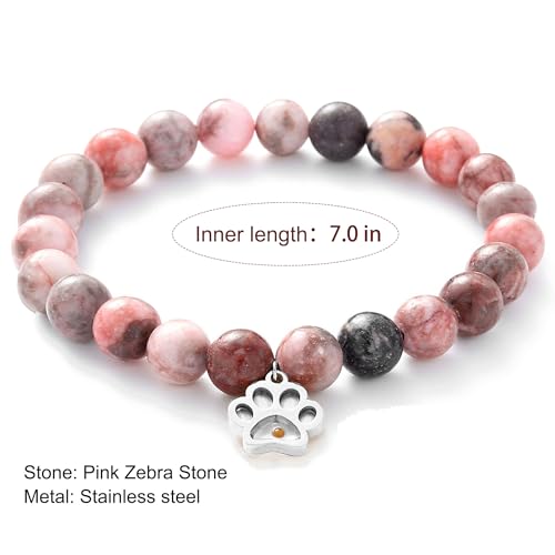 VZBarn Memorial Gifts for Loss of Pet’s Mom Pet Keepsake Dog Cat Paw Charm Natural Stone Bracelet Remembrance Gift for Women - color: Pink Stainless Steel