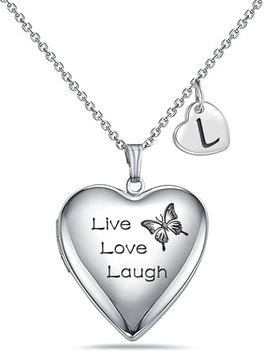 MUERDOU Butterfly Locket Necklace that Holds Pictures Initial Alphabet Letter Heart Shaped Photo Memory Locket Pendant Necklace - style: L