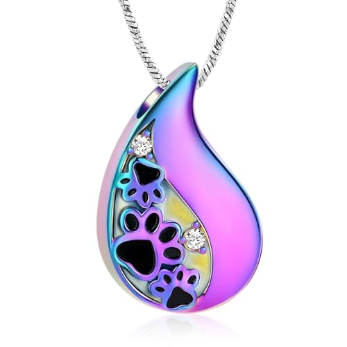 Yinplsmemory Pet Paw Print Teardrop Urn Necklace for Ashes for Dog/Cat Ashes Keepsake Memorial Pet Cremation Jewelry - color: Rainbow