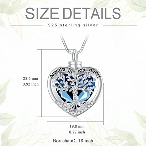 TOUPOP Tree of Life Urn Necklaces for Ashes 925 Sterling Silver Heart Cremation Jewelry Memorial Keepsake Jewelry with Funnel Filler for Women Men - color: B-Heart Tree of Life-Blue Crystal B