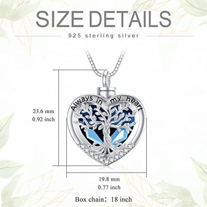 TOUPOP Tree of Life Urn Necklaces for Ashes 925 Sterling Silver Heart Cremation Jewelry Memorial Keepsake Jewelry with Funnel Filler for Women Men - color: B-Heart Tree of Life-Blue Crystal B