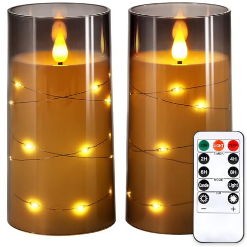 NURADA Flickering Flameless Candles: Built-in Star String Lights 3D Wick Acrylic Battery Operated LED Pillar Candles with Remote and Timer for Wedding Birthday Christmas Decor - Gray 2 Pack - color: Gray, size: 6-6 inches