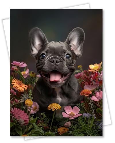 French Bulldog Puppy with Flowers All Occasions Greeting Card - Dog with Flowers from Unique Dogs Party Delights Collection - Large 5x7 Inch - Blank Inside with A7 Invitation Style White Envelope - color: French Bulldog Puppy with Flowers