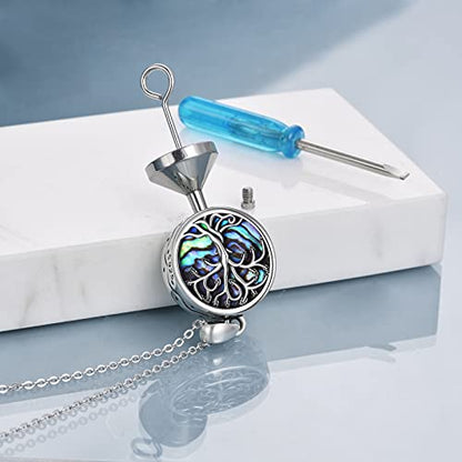URONE Urn Necklaces for Ashes 925 Sterling Silver Abalone Shell Tree of Life Cremation Jewelry for Ashes Memory Jewelry for Women Men - style: Round Tree