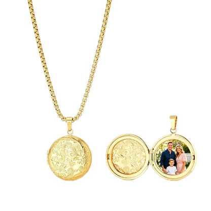 Stainless Steel Photo Locket Necklace for Women, 3mm Box Chain, Personalized Picture Holder Pendant, Waterproof Hypoallergenic Sentimental Jewelry Gift - color: Floral Engraved Round Gold