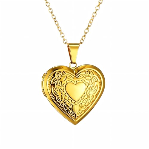 Heart Locket Necklace Pendant Dainty Memorial Keepsake Locket Necklace That Holds Pictures Stainless Steel Heart Photo Box Necklace for Women Lover Mother Father Daughter Son Fashion Jewelry Gifts - color: 01Gold